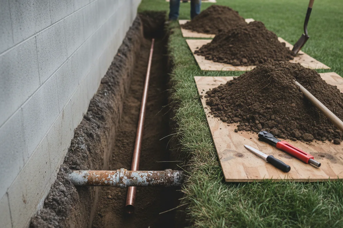 Excavated water line trench during Water Softener Installation in Excelsior